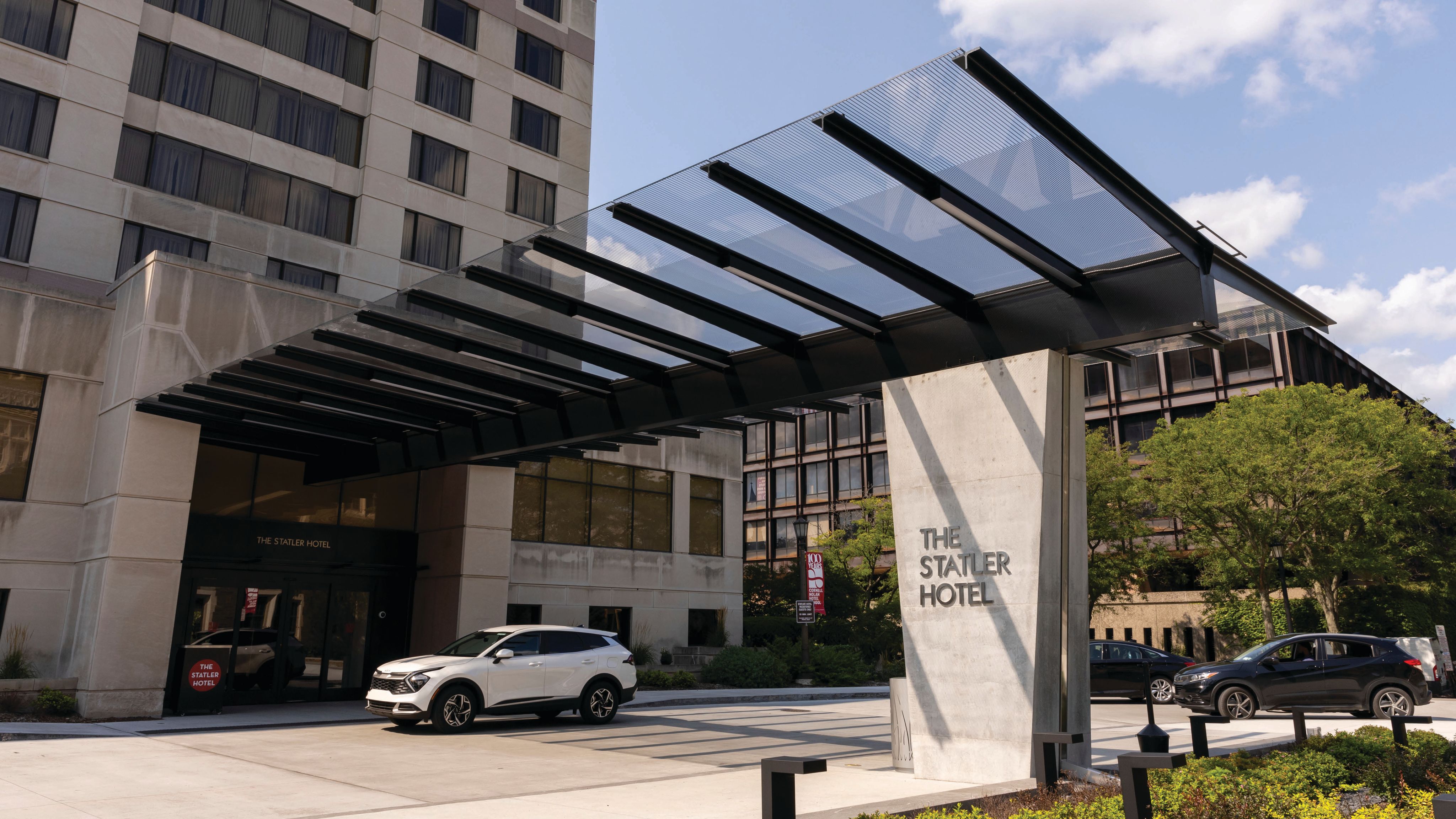 The entrance to the Statler Hotel in 2022.